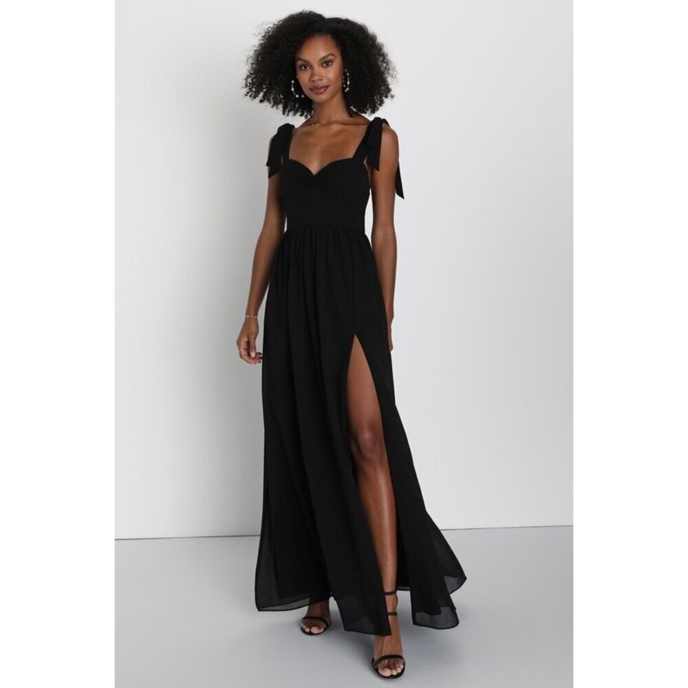 Lulus Radiant Charisma Black Chiffon Ruched Tie-strap Maxi Dress - Size L